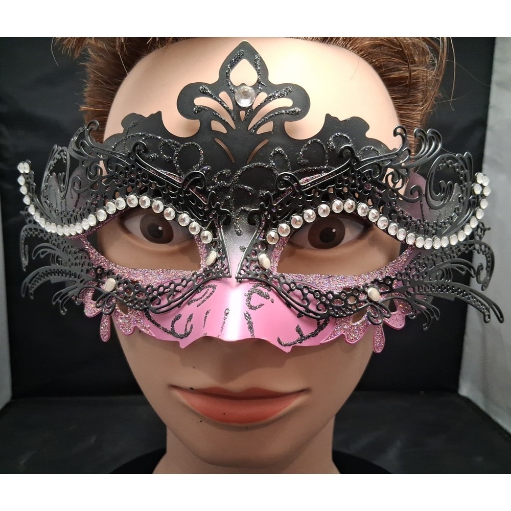 Black and Pink Laser-Cut Masquerade mask with Rhinestones Adult Size
